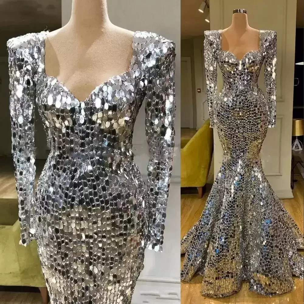 

Sparkly Sequins Silver Mermaid Prom Dresses Long Sleeves Arabic Evening Dress Dubai Long Elegant Women Formal Party Gala Gowns, Same as picture