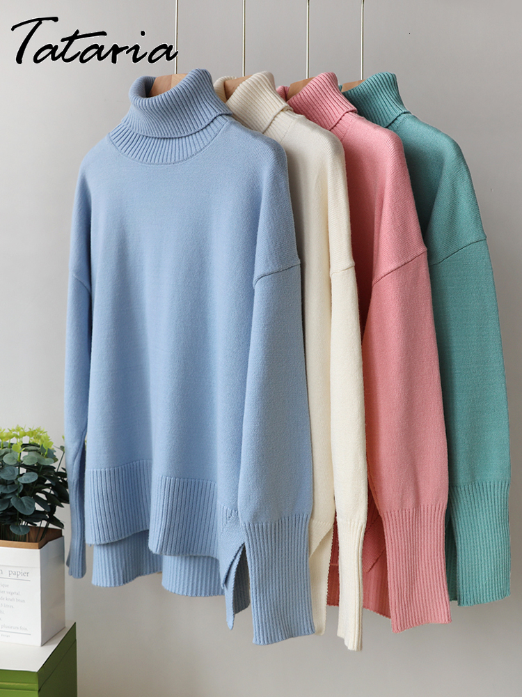 

Women' Sweaters High Quality Oversize Turtlenecks for Women Autumn Vintage Beige Knitted Sweater with Side Split Soft Girls Warm Pullover Jumper 221114, Rose red