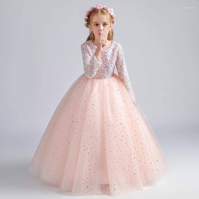 

Girl Dresses Flower For Weddings O Neck Full Sleeves Kids Party Communion Gowns Sequined Princess Dress, Blue
