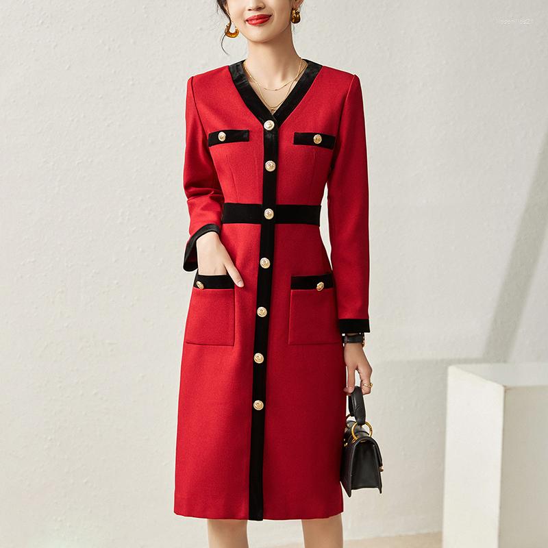 

Casual Dresses Elegant For Women 2022 Autumn Winter V-neck Long Sleeve Women' Dress Red Black Slim Patchwork Woman Twill