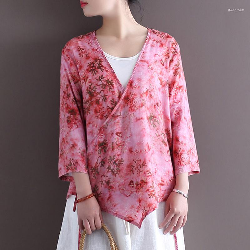 

Women's Blouses Johnature Women Cotton Linen Shirts Belt Print Floral Vintage V-Neck Seven Sleeve Tops 2022 Summer Chinese Style, Multi