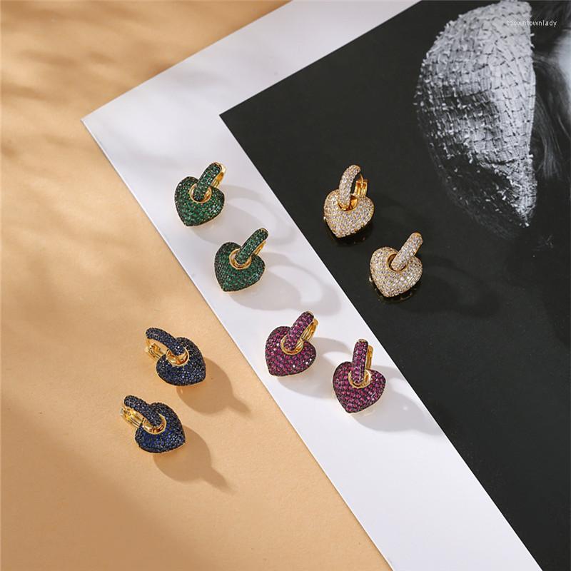 

Hoop Earrings Charm Heart Pendant Hanging For Women Red Green Blue Zirconia Wedding Engagement Fashion Jewelry Gift