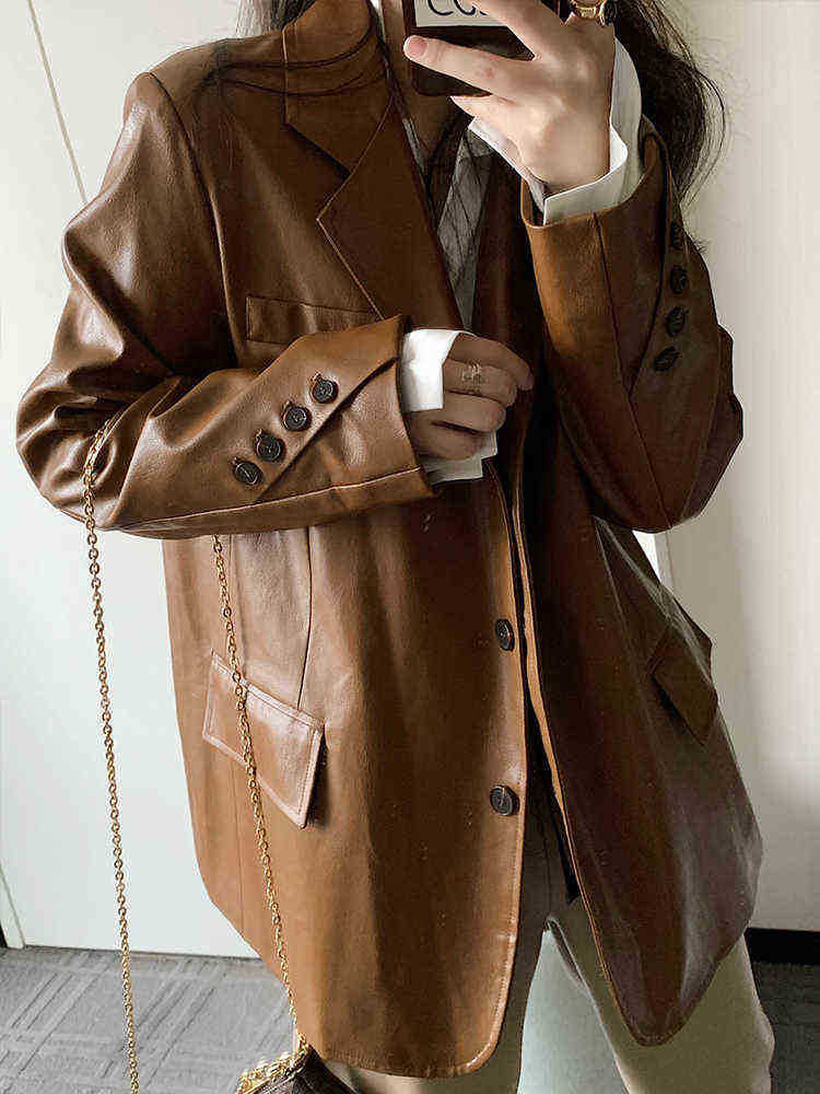 

Ftlzz Spring Autumn Women Lapel Faux Leather Jacket Lady Office Pu Leather Jacket Single Breasted Solid Color Outfit Female Chic J220727, Brown.