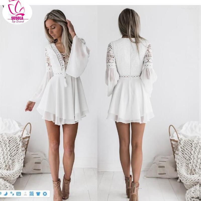 

Casual Dresses Hollow Out White Dress Sexy Women Mini Chiffon Criss Cross Semi-sheer Plunge V-Neck Long Sleeve Crochet Lace