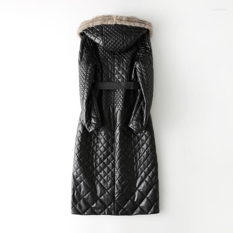 

Women's Leather Geniune Jacket Women's Sheepskin Mink Hair Hooded Winter Invierno Mujer HQ15-QWGG500 MF105, Black