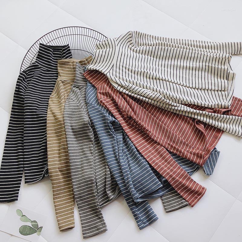 

Women's T Shirts Pure Cotton Striped T-shirt 2022 Autumn Winter Korean Thin Skinny Bottomed Shirt Woman Turtleneck Long Sleeve Mw792, Black