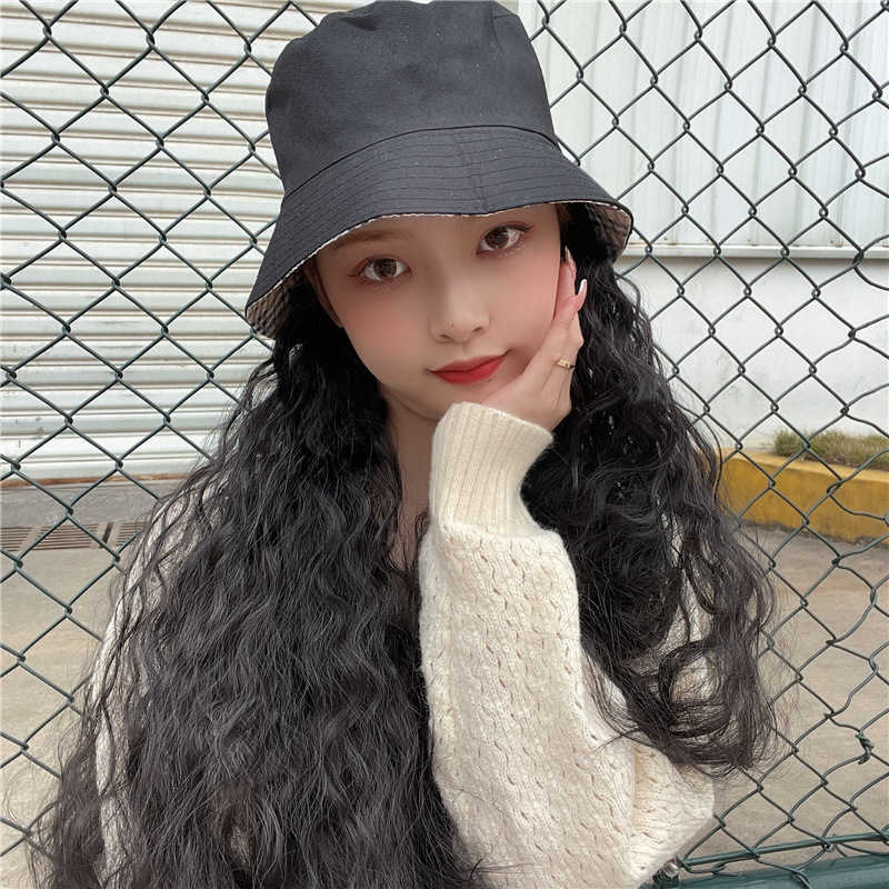 

Women's Hair Wigs Lace Synthetic Wig Female Fashionable Wavy Product Net Red Fisherman Hat Long Curly Hair Sufficient, Black