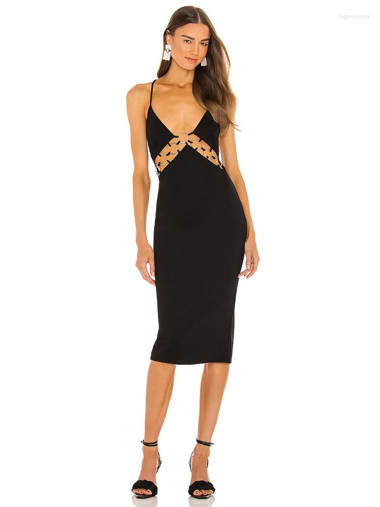

Casual Dresses Sexy Spaghetti Strap Hollow Backless Bodycon Dress Women Sleeveless Black Skinny Midi Elegant Evening Party Club