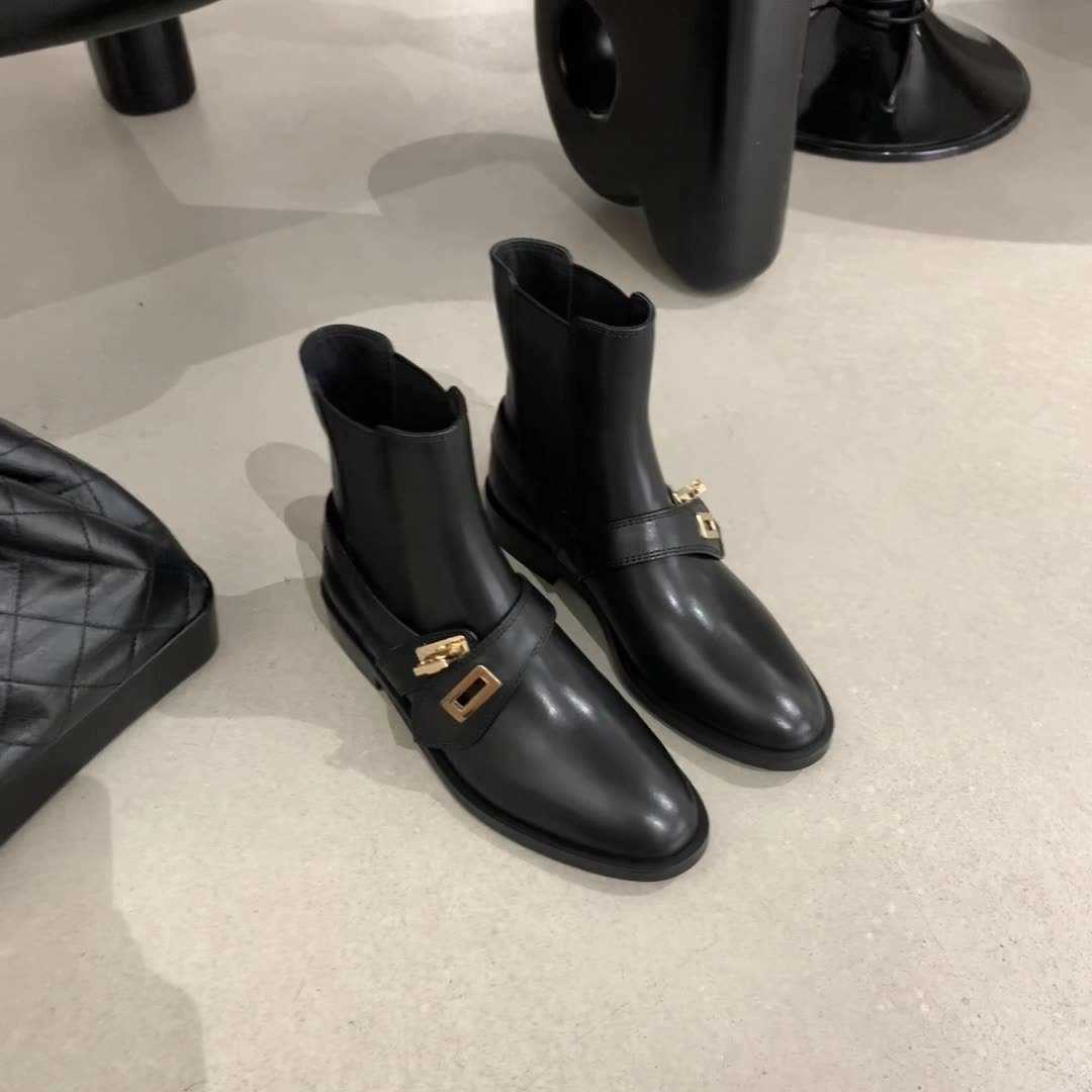 

Winter women Boots leather Gold Lock Buckle Elastic Chelsea Short Women's New Flat woman shoes, Black single lining
