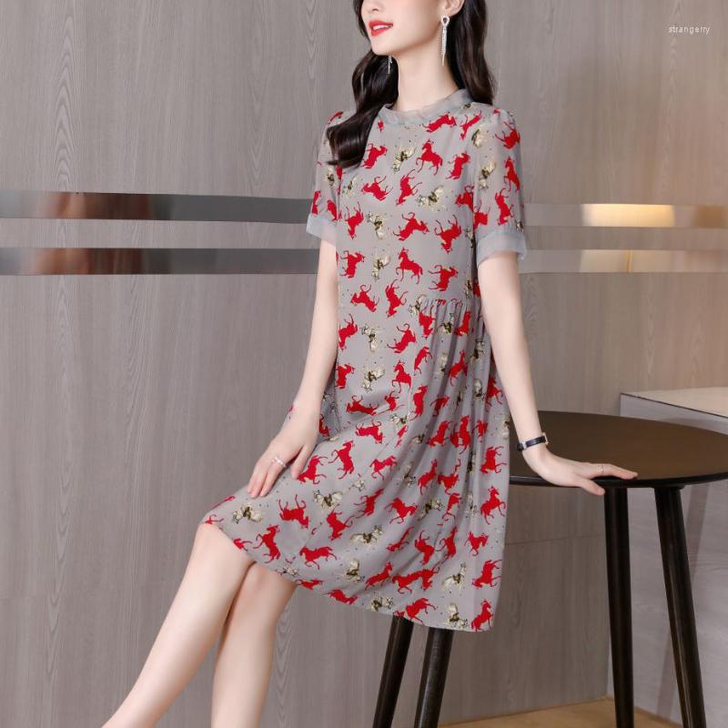 

Party Dresses Fashionable Silk Small Print Dress Female 2022 Summer Fashion Slimming Mulberry O Neck Short Sleeve Mid Length, Mixed