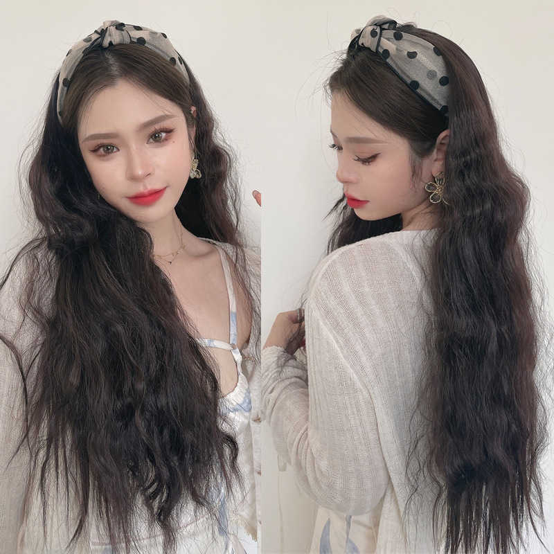 

Women's Hair Wigs Lace Synthetic Lazy Hoop Wig Half Head Net Red U-shaped Wool Corn Perm Long Curly Hair Female, Mesh wave point corn hot black