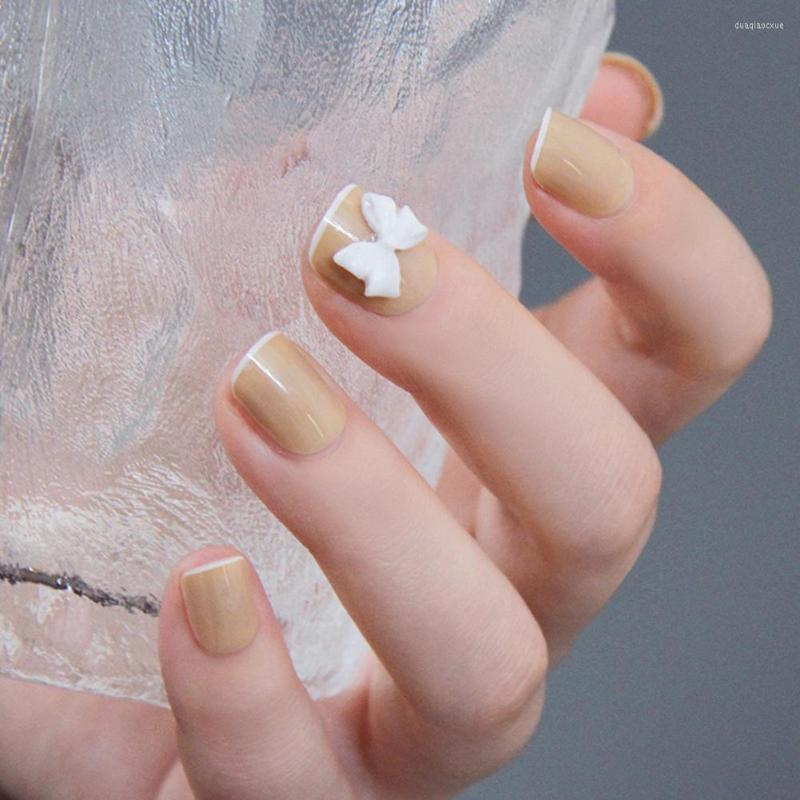 

False Nails 24pcs/set Fake French Solid Color Press On Short Square White Bow Design Artificial Fingernail With Glue, Jelly glue model