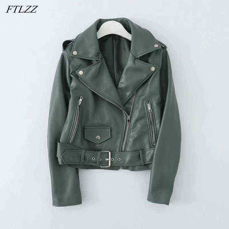 

Ftlzz Spring Autumn Lapel Faux Soft Leather Short Jacket Women Locomotive Style Pu Leather Coat Biker Green Outfit With Belt J220727, Black