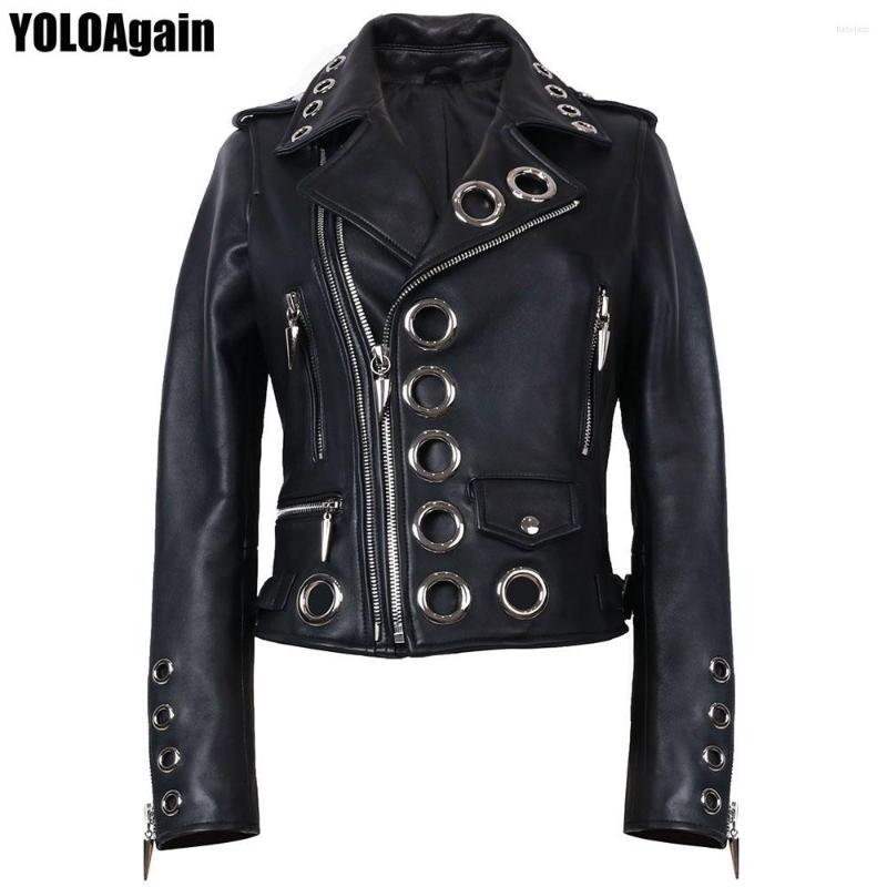 

Women' Leather YOLOAgain Spring Women Circle Rivet Biker Jacket Genuine, Black