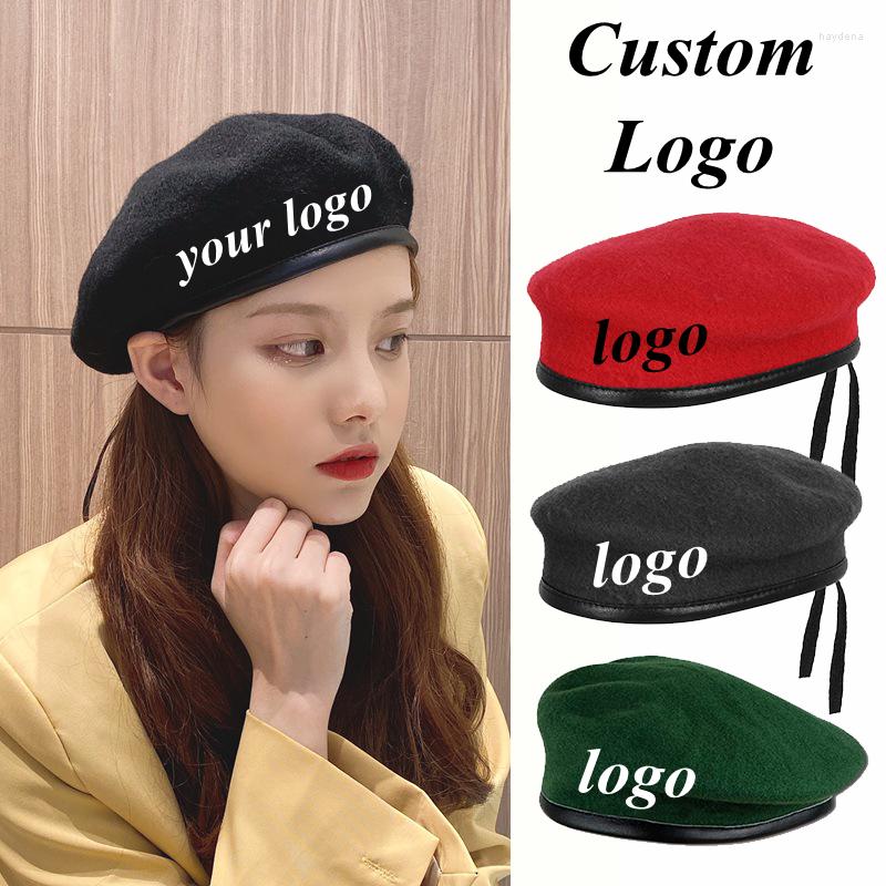 

Berets Custom Logo Large Unisex Wool Beret Caps Men Solid Color Pu Edge Army Woolen Beanies Adjustable French Artist Warm Boinas Hats, Black