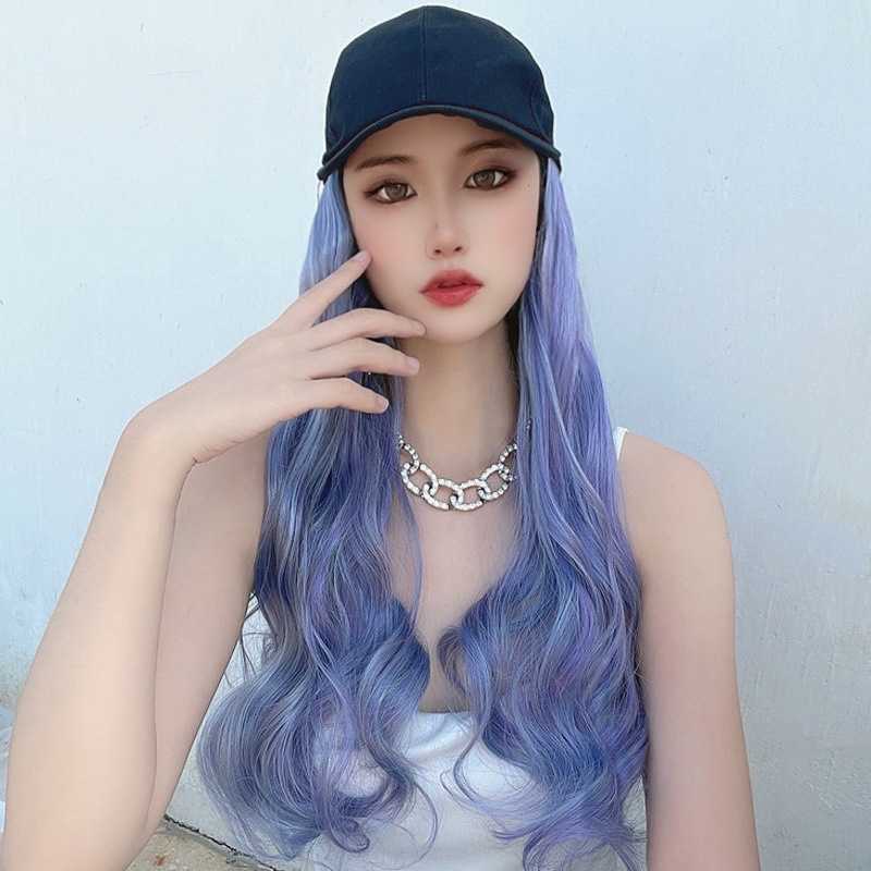 

Women's Hair Wigs Lace Synthetic Fast Hand Live Broadcast Wig Women's Colorful Net Red Hat Integrated Long Curly Hair Headgear, Haze blue