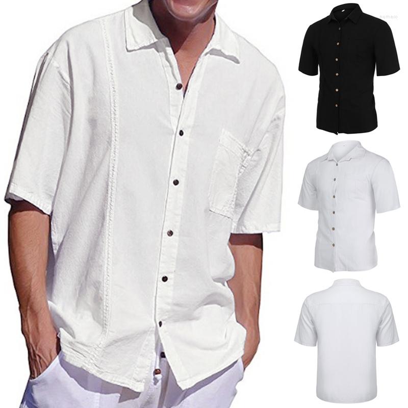 

Men's Casual Shirts Summer Mens Cotton Linen Pocket Solid Short Sleeve Retro Beach Men Blouse Dress Shirt Tops Camisas Hombre Clothing, White
