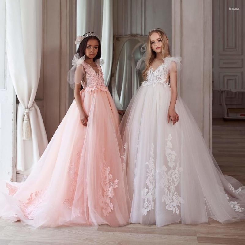 

Girl Dresses Princess Pink Flower V Neck Lace Appliqued Pageant 2022 Toddler Infant Clothes Little Girls Birthday Gowns