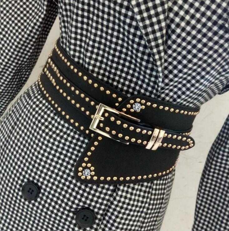 

Women's Runway Fashion Rivet Pu Leather Elastic Cummerbunds Female Dress Corsets Waistband Belts Decoration Wide Belt R3260 Q0625 YvS, Black