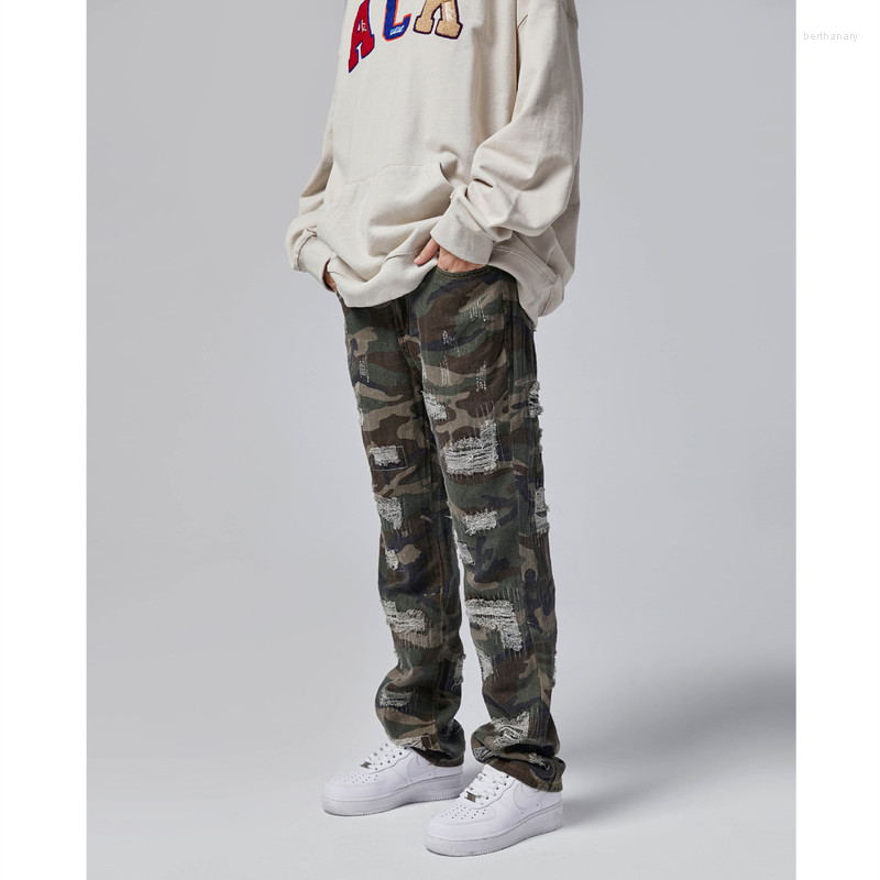 

Men's Pants Street Worn Out Army Green Camouflage Washed Casual Trendy Brand Loose Straight Long Harajuku Patch Ripped Trousers