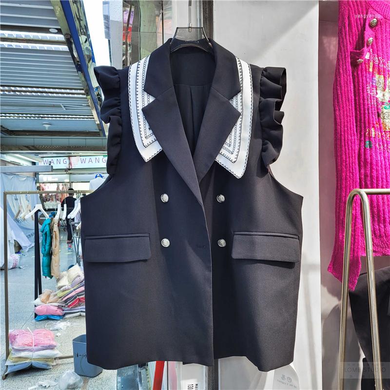 

Women's Vests 2022 Early Autumn Suit Collar Waistcoat For Women Korean Contrast Color Ruffled Ladies Mid-length Vest Sleeveless Jacket, Black