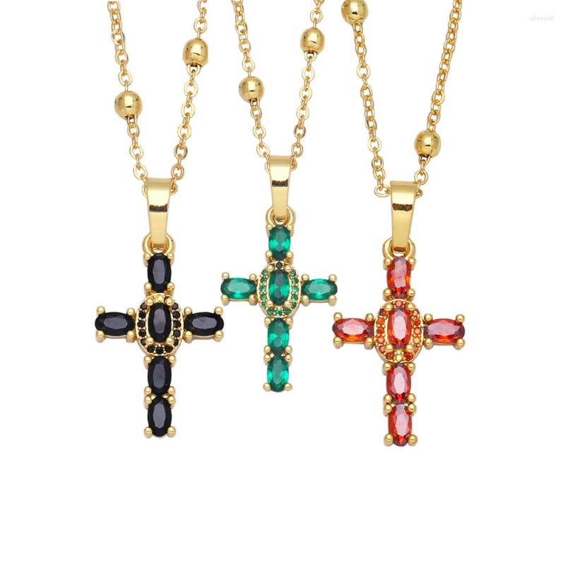 

Pendant Necklaces FLOLA Colorful Crystal Cross Necklace For Women Copper Gold Plated Beads Chain Religious Jewelry Colar De Cruz Nkeb072