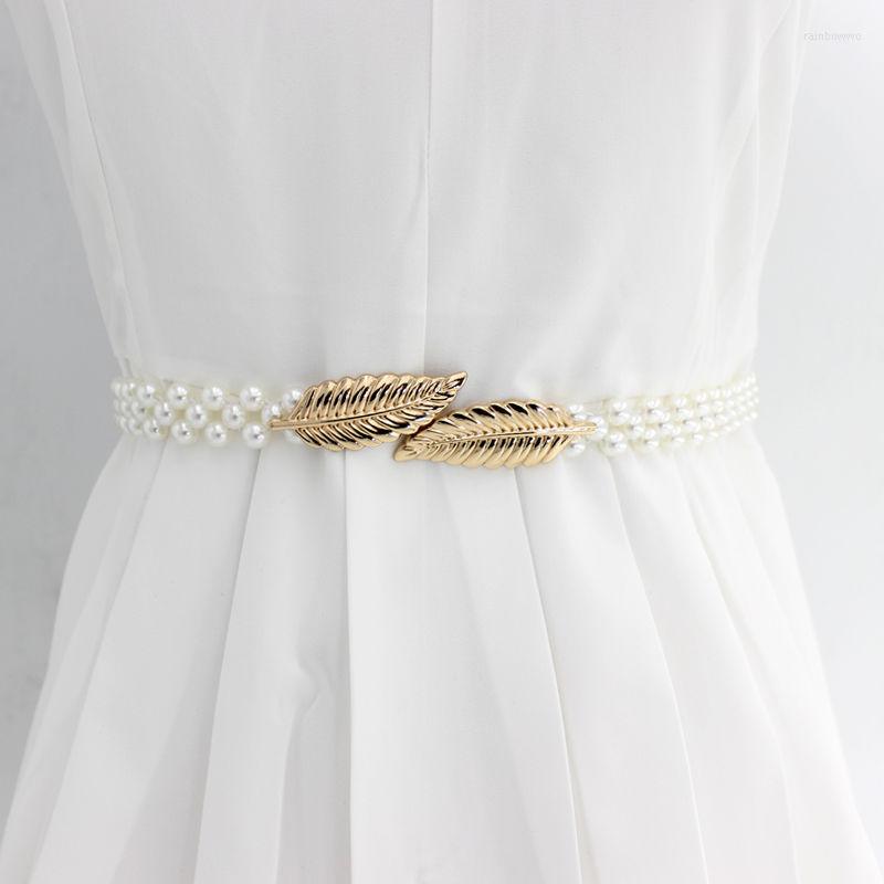 

Belts Dress Decorative Belt Female Fine Korean Fashion Pearl Waist Chain With Skirt Summer Leaf Buckle Beaded Elastic For Woman, Black