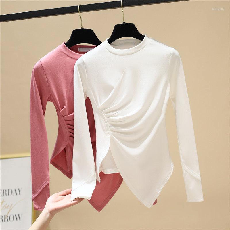

Women's T Shirts Long Sleeve Solid Color T-shirt For Women Round Neck Basic Inner Wear 2022 Spring Female All-Matching Tight Irregular Top, Black