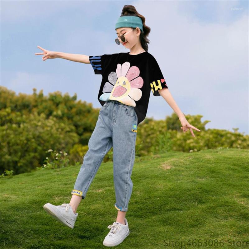 

Clothing Sets Teenager Summer Girl Clothes Sun Smile Print Tops Short SleeveT-Shirt And Denim Pants Jeans Outfits 2PCS 6 8 10 12, Picture shown