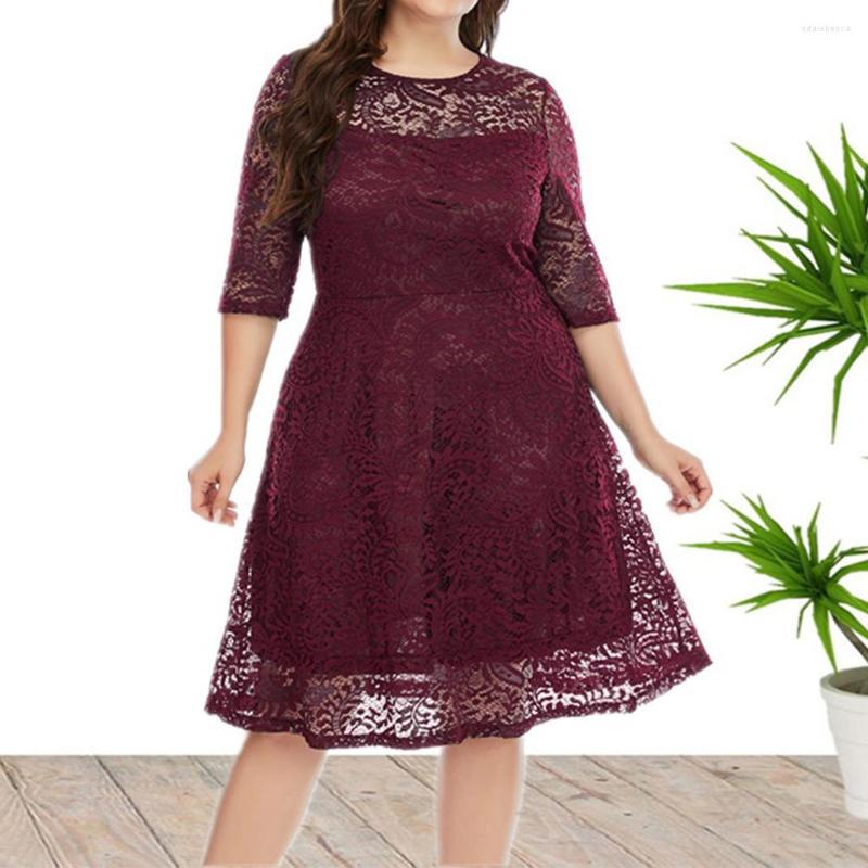 

Plus Size Dresses Style XL-5XL Women Autumn Hollow Lace Round Neck Middle Length Party Dinner Dress Elegant And Decent, Red 5xl