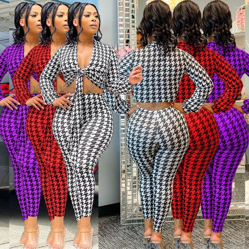 

Women' Two Piece Pants 48SM9209 Autumn Winter Women Casual Fashion Sexy Houndstooth Print Strap Slim Fit Set, White