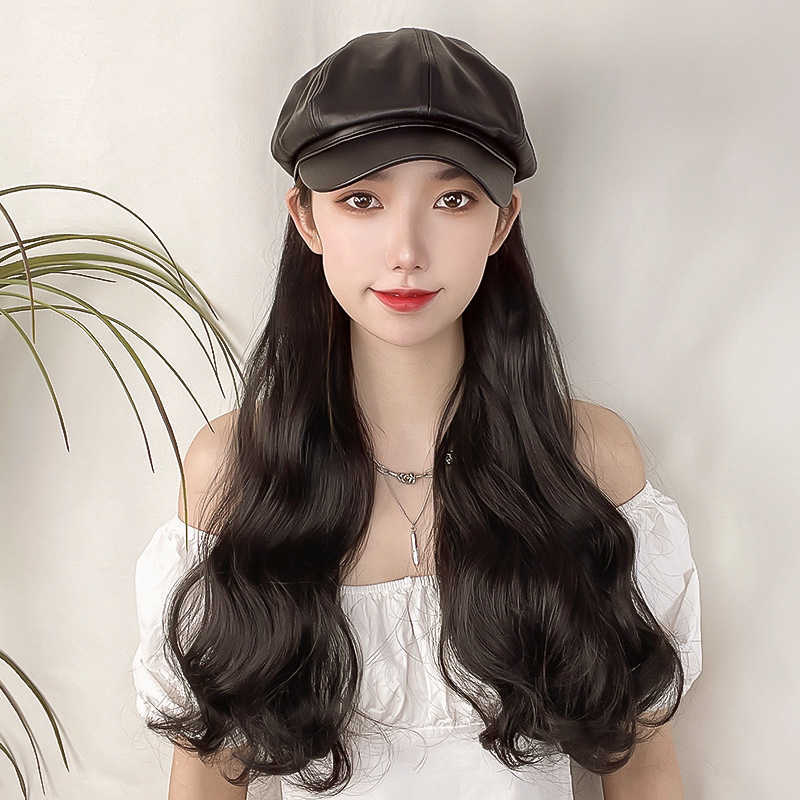 

Women's Hair Wigs Lace Synthetic Wig Female Hat Integrated Long Roll Shaking Sound Live Broadcast Big Wave High Temperature Silk Head Cover, Black