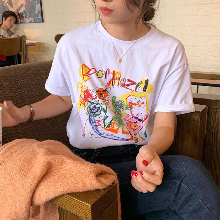 

Women's T Shirts Kawaii Cartoon Graffiti Short Sleeve T-shirt Women Casual Cute Graphic Tops Female Tee Summer Harajuku T-shirts, White
