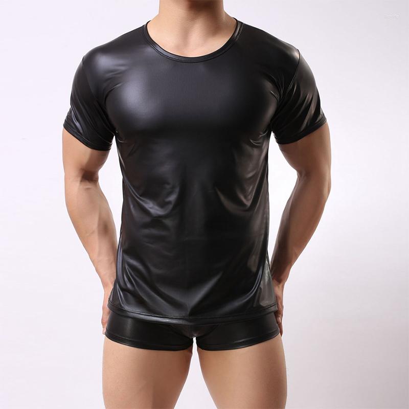 

Men' T Shirts PU Leather Men Sexy Fitness O-Neck Tops Gay Mens Stage Tshirt Stretchy Casual Clothes Black Tight Top