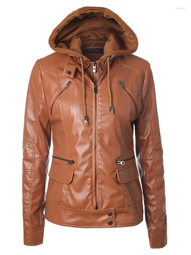 

Women' Leather 2022 Autumn Women Hooded Detachable Pu Jacket Motorcycle Biker Zipper Faux Coat Outwear Female, Black