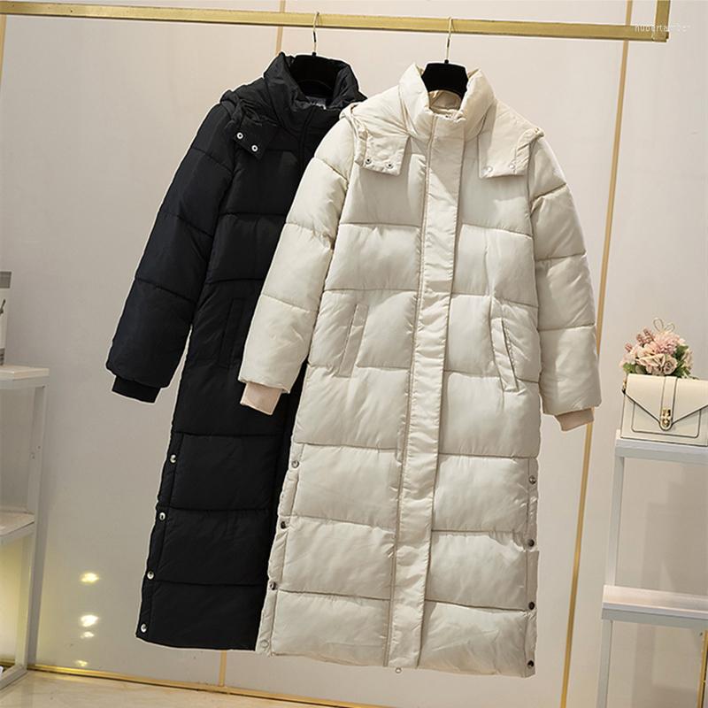 

Women's Down Woman Winter Casual Oversized Thicken Warm Quilted Hooded Overcoats Female Zipper Pockets Long Cotton Clothes Loose Outerwear, Black