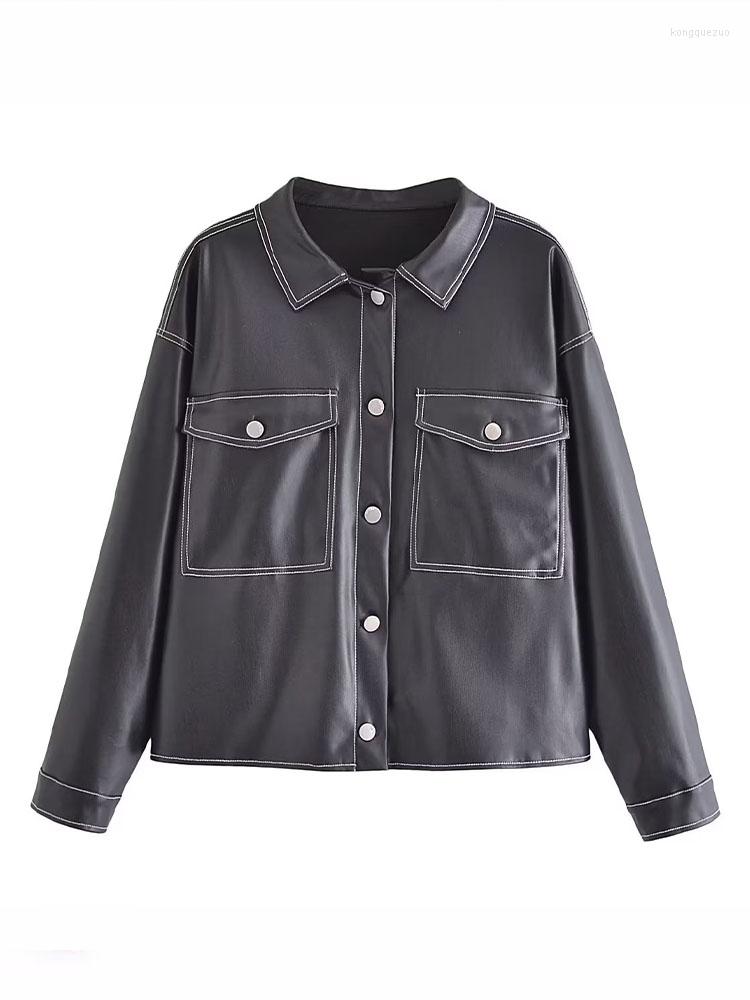 

Women's Leather Women 2022 Fashion Line Decoration PU Faux Jacket Coat Vintage Long Sleeve Button-up Female Outerwear Chic Overshirt, Black