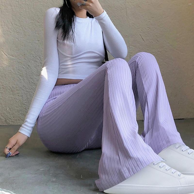 

Women' Pants Purple Ribbed Women Knitted Flare Joggers Slim High Waist Aesthetic Trousers Female Vintage 90s Girls Sweatpant Streetwear