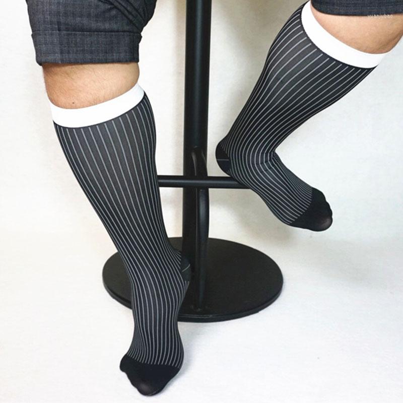 

Men's Socks Striped Male Dress Formal Wear Suit Transparent Mid Tube Men Sheer Business Fashion Stockings Calf, Wine red