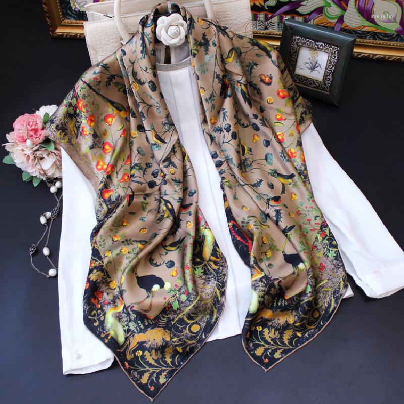 

Scarves 110cm Silk Scarf For Women Beach Shawl Luxury Female Hijab Head Wrap Mulberry SilkBandana Summer