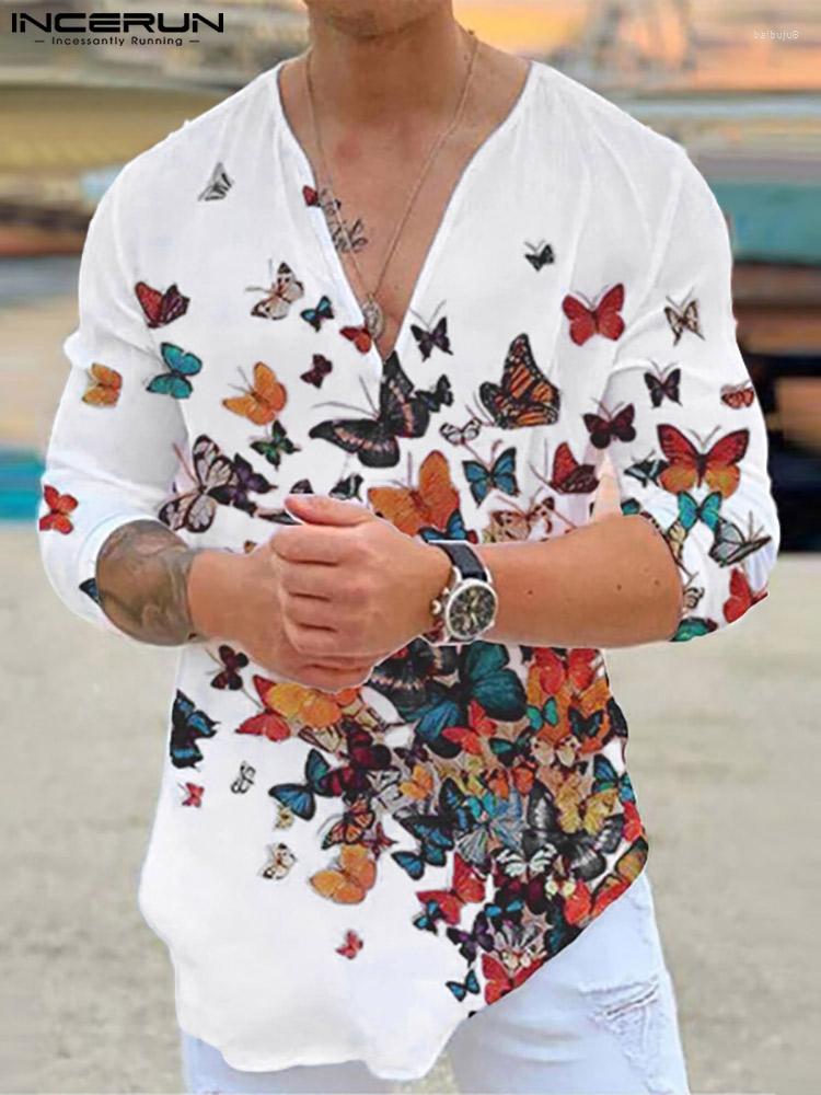 

Men' Casual Shirts INCERUN Tops 2022 Handsome Well Fitting Stylish Butterfly Printing Blouse Streetwear V-Neck Long Sleeve Shirt -3XL, Black