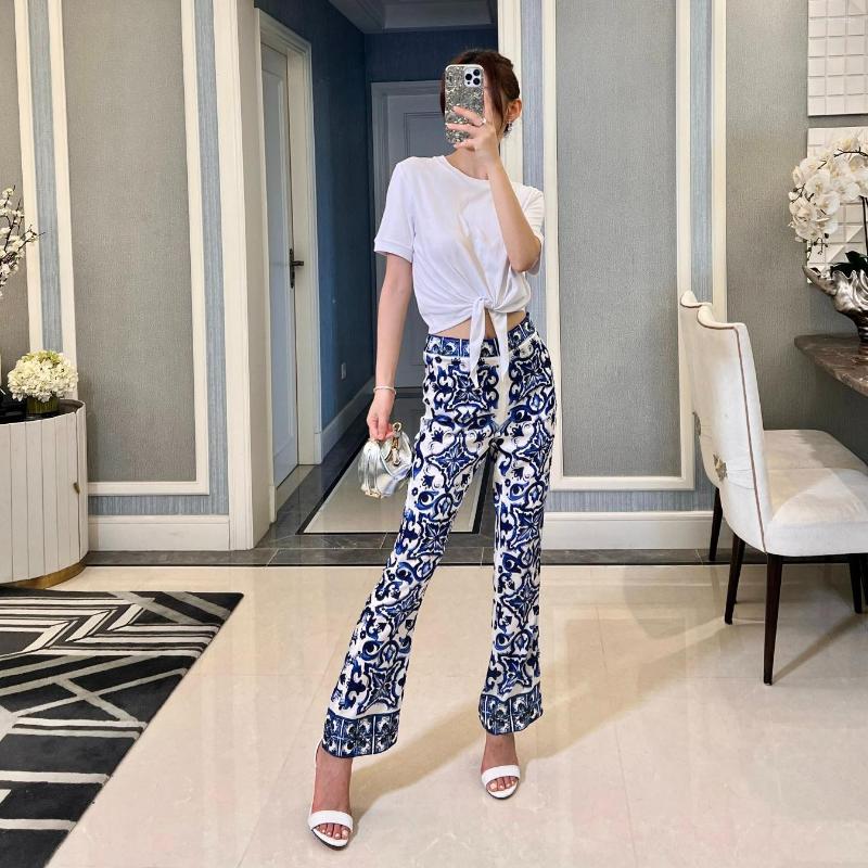 

Women's Pants Top Quality 2022 Summer D Styel Luxury Silk Flower Priting Women Sexy And Fashion Full Length Wide Leg, White
