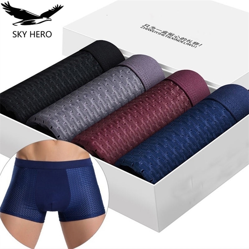 

Underpants 4pcsLot Mens Panties Male Man Pack Shorts Boxers Underwear Slip Homme Calzoncillos Bamboo Hole Large Size 5XL6XL7XL 221113, 4black