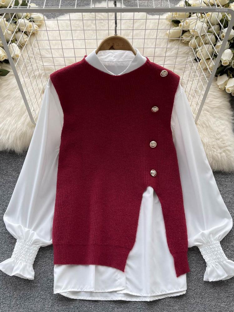 

Women's Blouses Women Autumn Winter Shirt Fashionable And Two-piece Suit Lantern Sleeve Top Knitted Split Vest D1901, Red