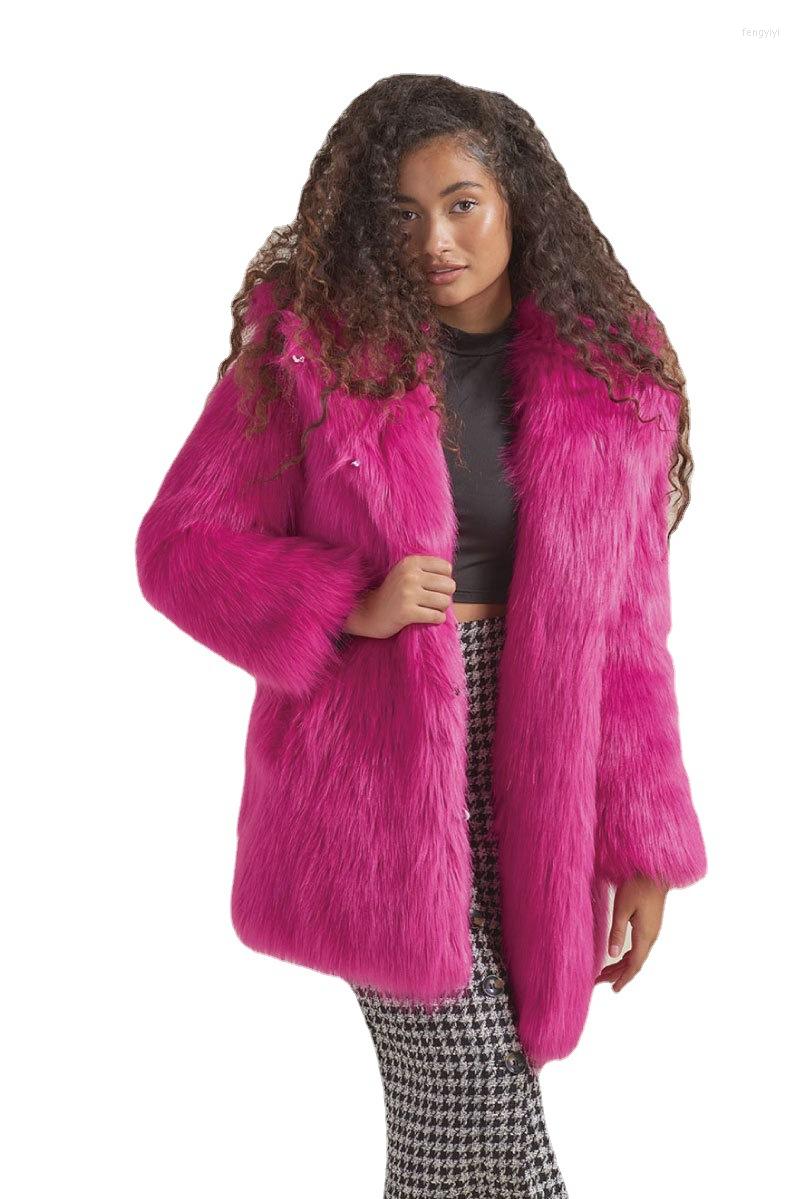 

Women' Fur Women ' Coat Autumn And Winter Warm Hooded Mid-Length Faux, Magenta