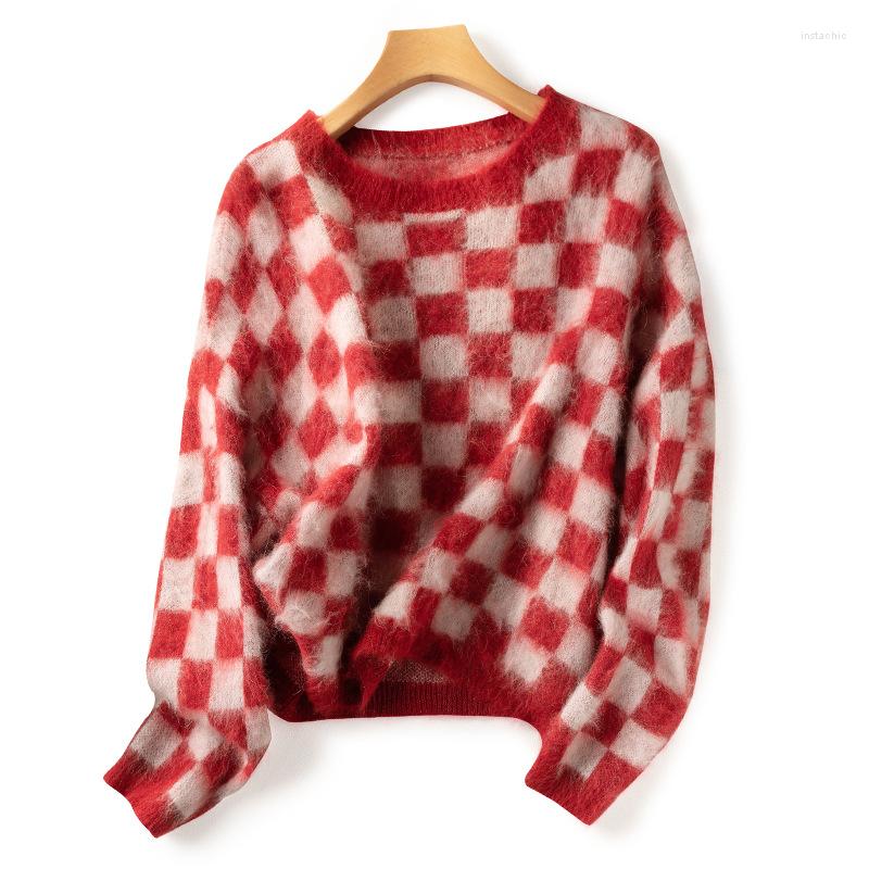 

Women's Sweaters Wool Mohair Sweater Women 2022 Autumn Winter Warm LOOSE O-Neck Vintage Plaid Womens Knitwear Pullover Vestidos, 96