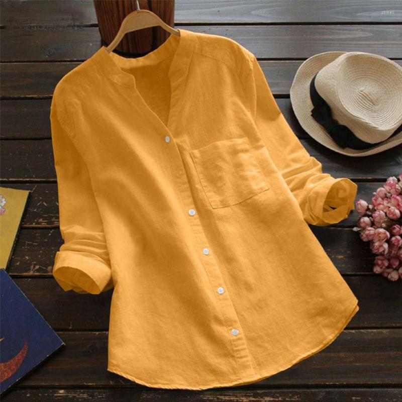 

Women' Blouses Spring 2022 Women' Cotton And Linen Chiffon Single-breasted Solid Color Long Sleeve Loose Shirt Stand Collar, Green