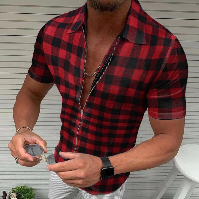

Men's Casual Shirts Mens T Short Sleeve Spring And Summer Fashion Sanding Plaid Zipper Lapel Shirt Cotton, Black
