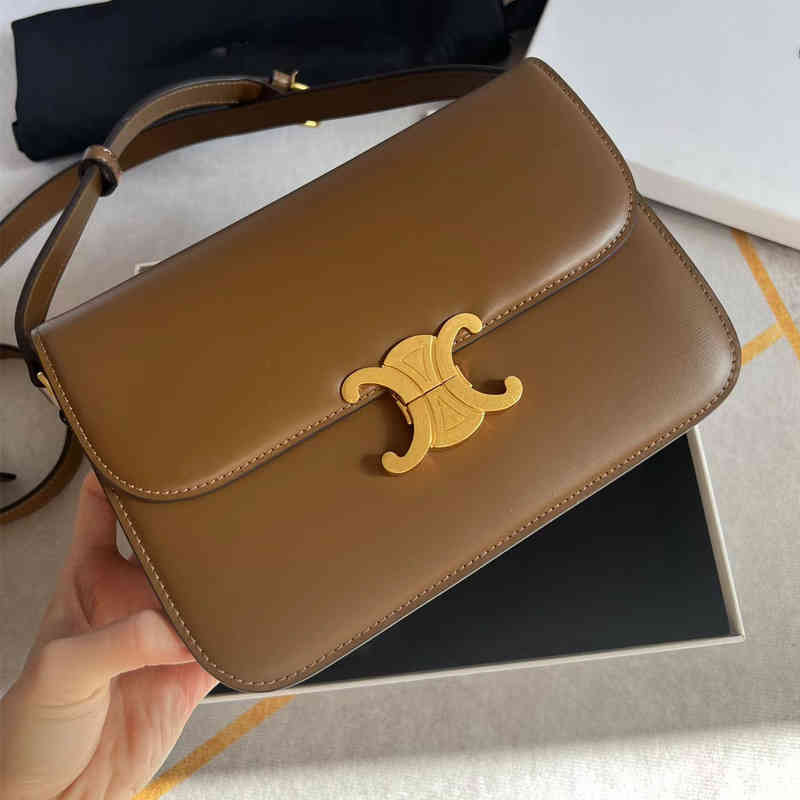 

Classic women's bag teen triumphal arch gold button flip small square one shoulder messenger leather BOX tofu, Caramel