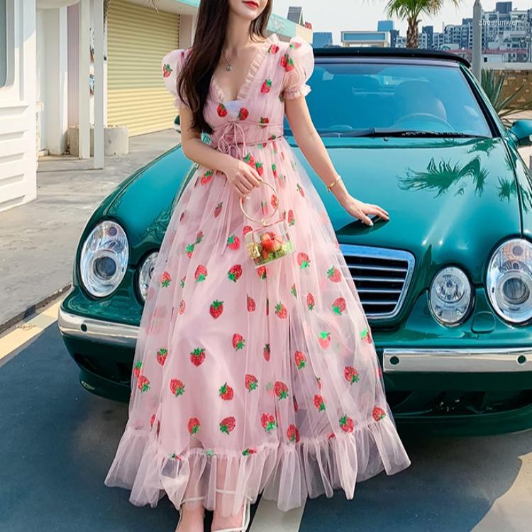 

Party Dresses Women Summer Strawberry Dress Bow Pink Tulle Mesh Cascading Ruffle Maxi V-neck Puff Sleeve Sequined Embroidery Long